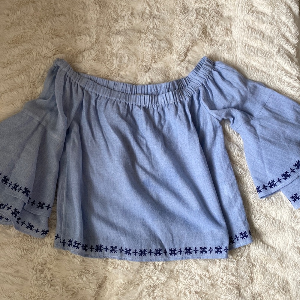 Blue Cropped Off the Shoulder top with bell sleeves Lucky Brand